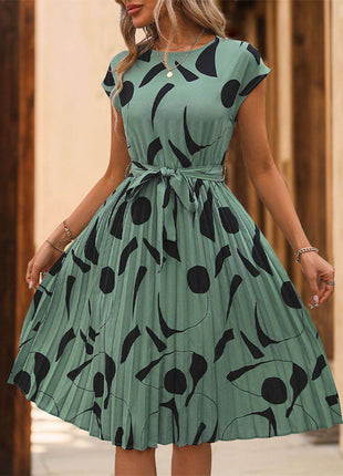 Tied Pleated Printed Cap Sleeve Dress - MimiStylez