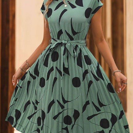 Tied Pleated Printed Cap Sleeve Dress - MimiStylez