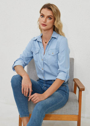Pocketed Button Up Long Sleeve Denim Shirt - MimiStylez