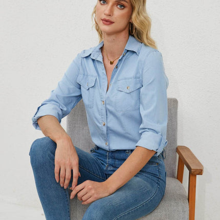 Pocketed Button Up Long Sleeve Denim Shirt - MimiStylez