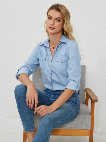 Pocketed Button Up Long Sleeve Denim Shirt - MimiStylez