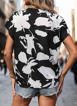 Printed Notched Short Sleeve Blouse - MimiStylez