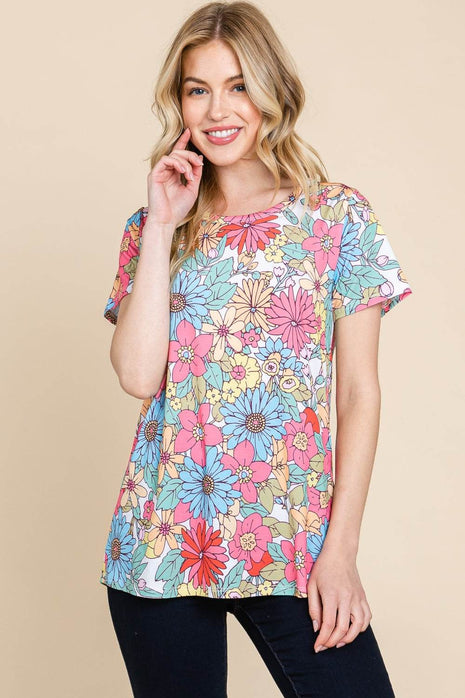 BOMBOM Floral Short Sleeve T-Shirt - MimiStylez