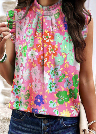 Ruffled Printed Mock Neck Cap Sleeve Blouse - MimiStylez