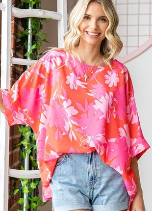 First Love Slit Printed Round Neck Half Sleeve Blouse - MimiStylez