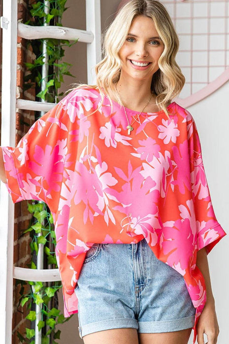 First Love Slit Printed Round Neck Half Sleeve Blouse - MimiStylez