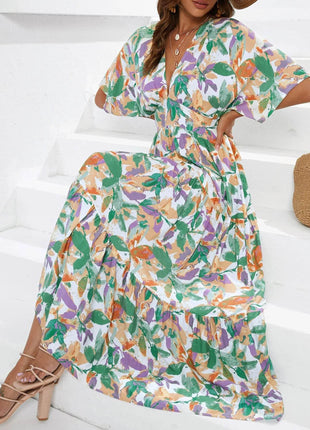 Floral Print V-neck Boho Midi Dress - MimiStylez