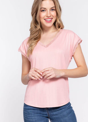 ACTIVE BASIC Lace Trim V-Neck Short Sleeve Ribbed Top - MimiStylez
