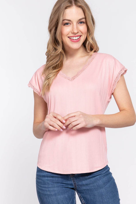 ACTIVE BASIC Lace Trim V-Neck Short Sleeve Ribbed Top - MimiStylez