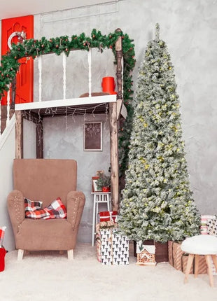 9FT Pre-Lit Snow-Flocked Slim Douglas Fir Christmas Tree With Realistic Branches, 550 LED Lights And 988 Tips