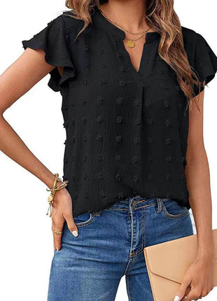 Women's Fashion V-neck Ruffle Sleeve Chiffon Shirt Short Sleeve - MimiStylez