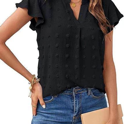 Women's Fashion V-neck Ruffle Sleeve Chiffon Shirt Short Sleeve - MimiStylez