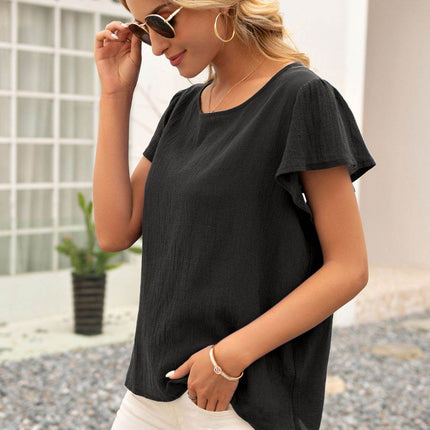 Round Neck Cutout Tie Back Top - MimiStylez