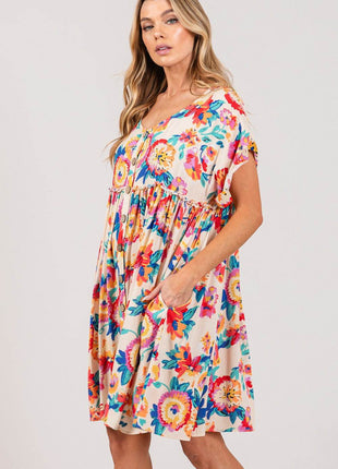 SAGE + FIG Full Size Floral Button-Down Short Sleeve Dress - MimiStylez