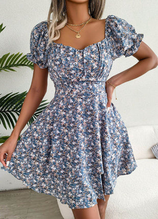 Floral Sweetheart Neck Flounce Sleeve Mini Dress - MimiStylez
