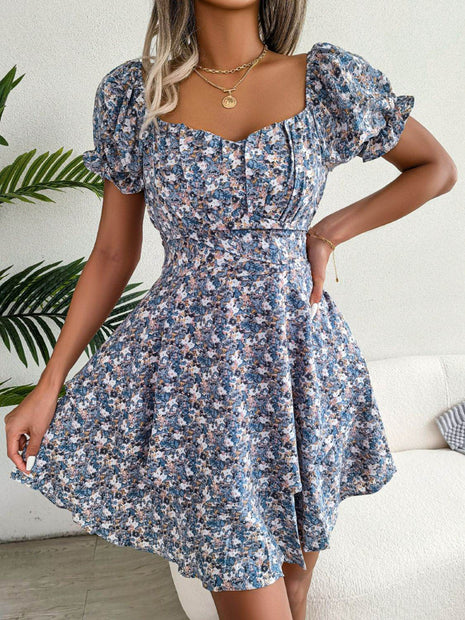 Floral Sweetheart Neck Flounce Sleeve Mini Dress - MimiStylez
