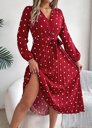 Tied Polka Dot Long Sleeve Midi Dress - MimiStylez