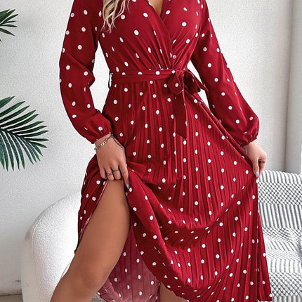 Tied Polka Dot Long Sleeve Midi Dress - MimiStylez