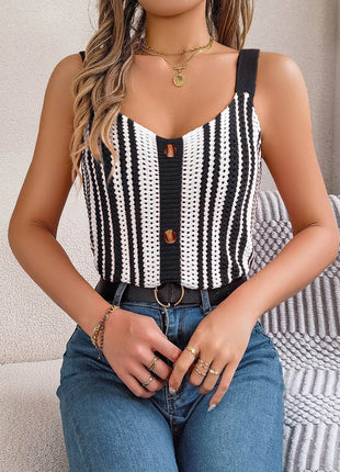 Openwork Striped V-Neck Tank - MimiStylez