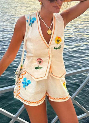 Embroidered V-Neck Vest and Shorts Set - MimiStylez