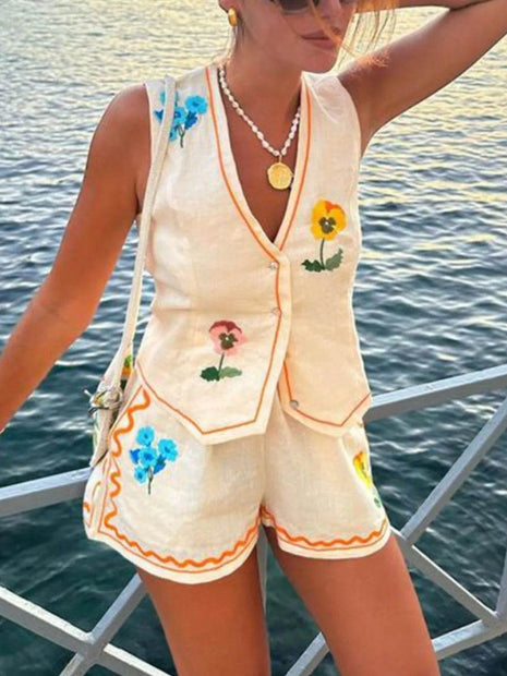 Embroidered V-Neck Vest and Shorts Set - MimiStylez