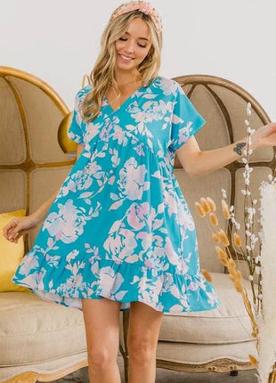 BiBi Floral Crinkle Shirred Ruffle Detail V Neck Dress - MimiStylez