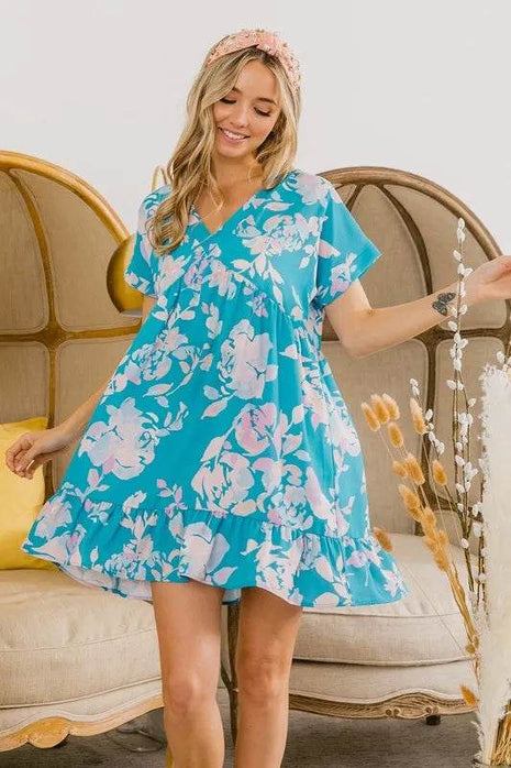 BiBi Floral Crinkle Shirred Ruffle Detail V Neck Dress - MimiStylez