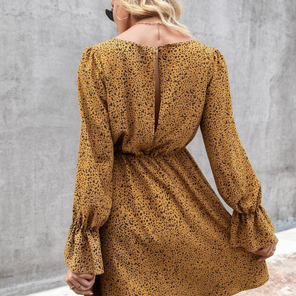 Decorative Button V-Neck Flounce Sleeve Dress - MimiStylez