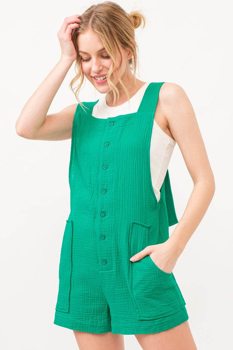 And The Why Button Up Tie Back Sleeveless Romper - MimiStylez