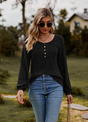 Round Neck Button-Down Long Sleeve Tee - MimiStylez