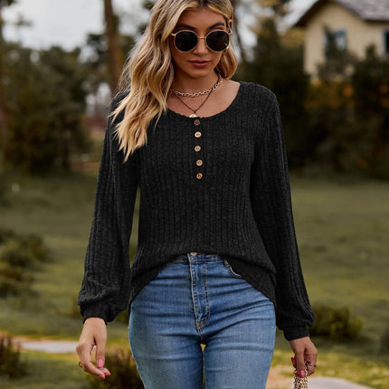 Round Neck Button-Down Long Sleeve Tee - MimiStylez