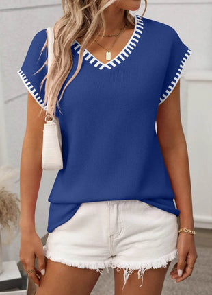 Contrast Trim V-Neck Short Sleeve Knit Top - MimiStylez