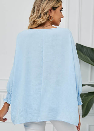 Smocked Lantern Sleeve Round Neck Blouse - MimiStylez