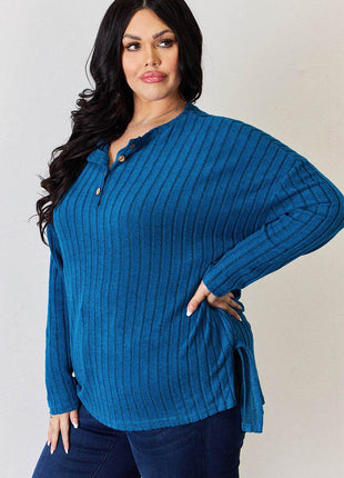 Basic Bae Full Size Ribbed Half Button Long Sleeve High-Low T-Shirt - MimiStylez