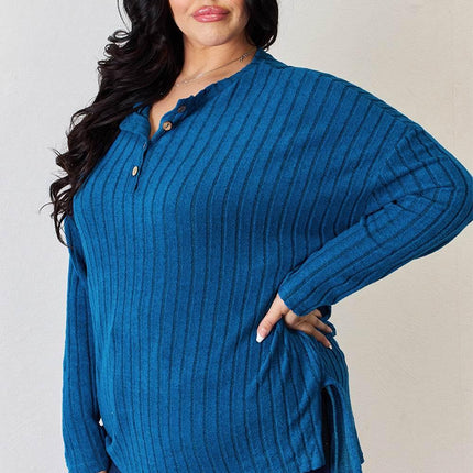 Basic Bae Full Size Ribbed Half Button Long Sleeve High-Low T-Shirt - MimiStylez