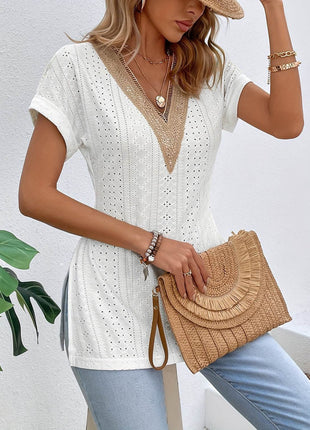 Slit Eyelet V-Neck Short Sleeve Blouse - MimiStylez