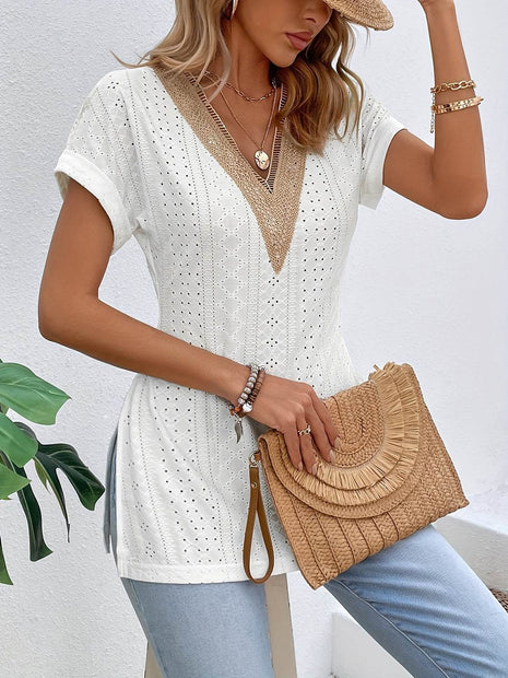Slit Eyelet V-Neck Short Sleeve Blouse - MimiStylez