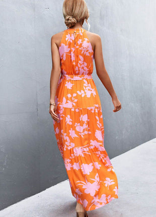 Printed Sleeveless Tie Waist Maxi Dress - MimiStylez