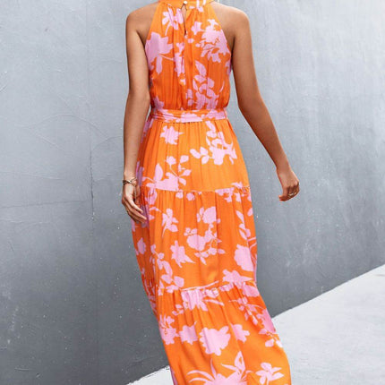 Printed Sleeveless Tie Waist Maxi Dress - MimiStylez