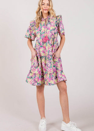 SAGE + FIG Floral Ruffle Short Sleeve Dress - MimiStylez