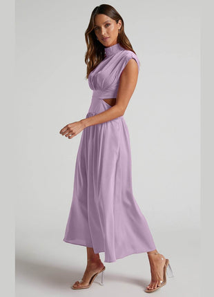 Cutout Mock Neck Sleeveless Ruched Dress - MimiStylez