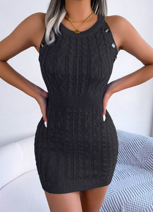 Decorative Button Sleeveless Cable-Knit Dress - MimiStylez