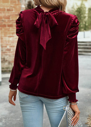 Tie Up Mock Neck Velvet Fabric Long Sleeve Blouse - MimiStylez