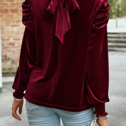 Tie Up Mock Neck Velvet Fabric Long Sleeve Blouse - MimiStylez
