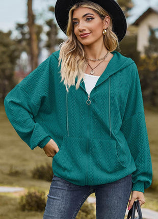 Drawstring Zip Up Dropped Shoulder Hoodie - MimiStylez