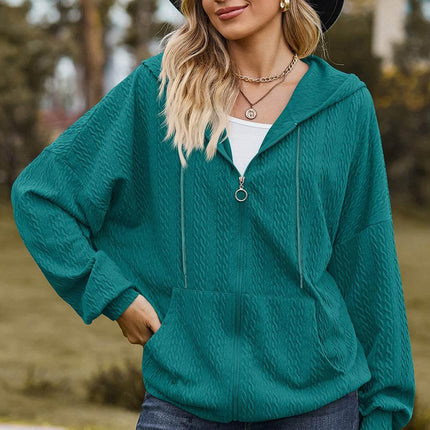 Drawstring Zip Up Dropped Shoulder Hoodie - MimiStylez
