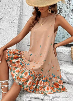 Ruffled Hem Floral Sleeveless Mini Tank Dress - MimiStylez