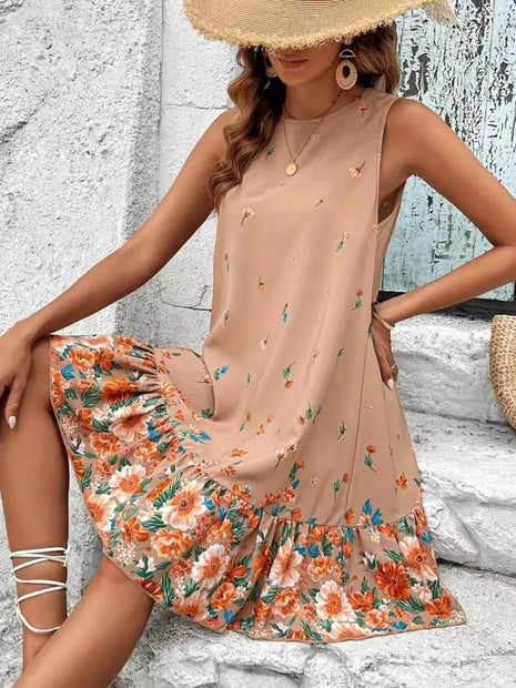 Ruffled Hem Floral Sleeveless Mini Tank Dress - MimiStylez