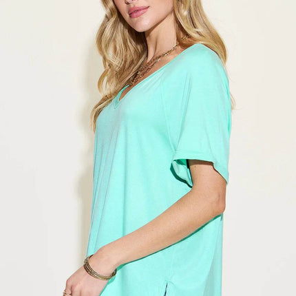 Basic Bae Full Size Bamboo Slit V-Neck Short Sleeve T-Shirt - MimiStylez