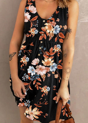 Double Take Printed Scoop Neck Sleeveless Buttoned Magic Dress with Pockets - MimiStylez